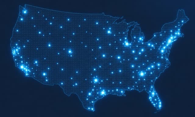 Map of the United States showing nationwide installer coverage, densest in major metropolitan areas